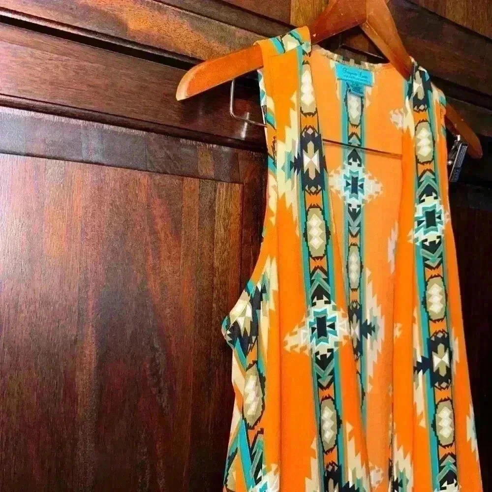 Turquoise Haven Long Rayon Kimono S/M Orange Teal Aztec / Western Wear Design - Picture 7 of 12